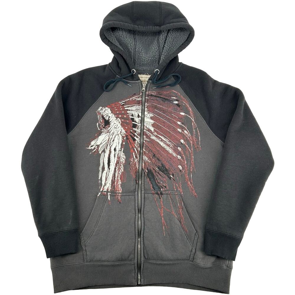 VTG y2k Men's Native American Headdress Route 66 Sherpa Full Zip Sweatshirt Sz L
